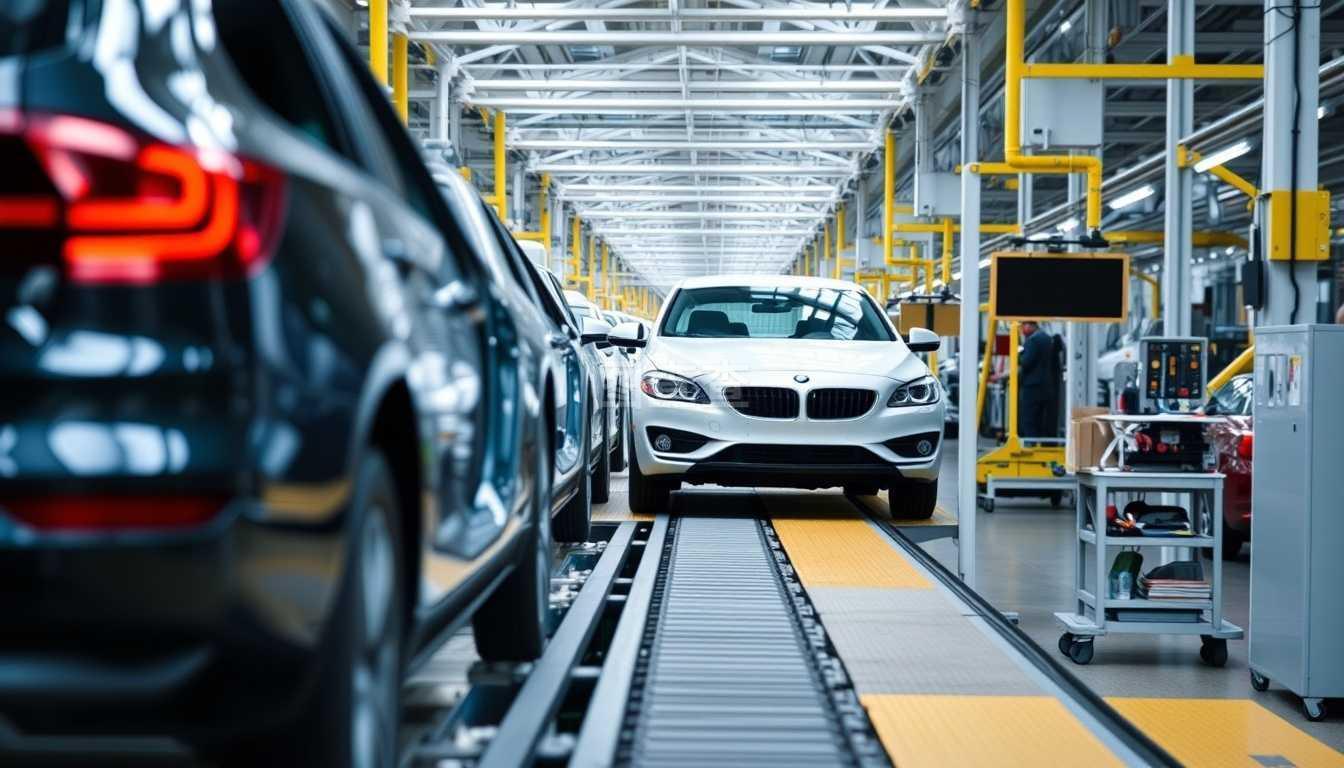 在汽車工廠的輸送線上裝配汽車。在輸送線上裝配汽車